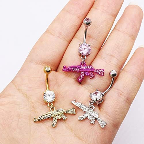 Fashion Dangle Navel Ring Clear Gem Gun Belly Button Ring Body Piercing Jewelry for Women Belly Piercing - color: Pink