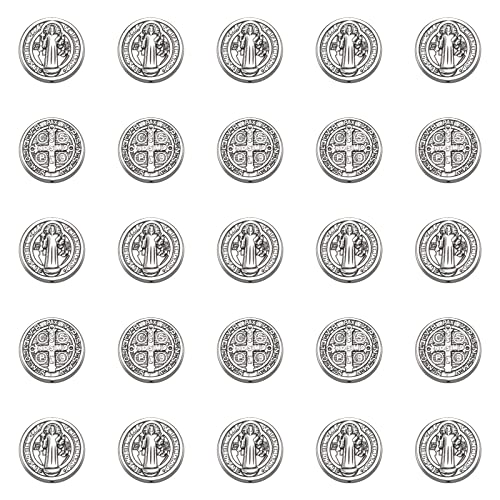 60Pcs Alloy Jesus Cross Saint Benedict Medal Religious Spacer Beads Charms Flat Round Double-Sided Loose Beads For DIY Catholic Rosary Beads Necklace Bracelet Jewelry Making