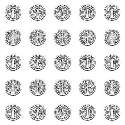 60Pcs Alloy Jesus Cross Saint Benedict Medal Religious Spacer Beads Charms Flat Round Double-Sided Loose Beads For DIY Catholic Rosary Beads Necklace Bracelet Jewelry Making