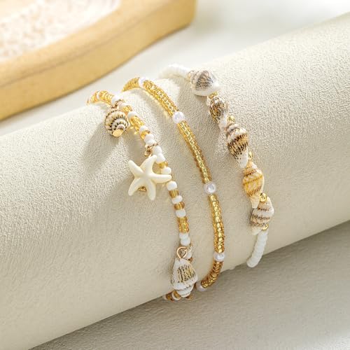Qceasiy Shell Ankle Bracelets for Women, Boho Beaded Beach Anklet Set | Seashell, Heart, Starfish and Conch Styles, Gold-Tone, Stretch or Adjustable Fit, Layered Beach Vacation Jewelry Gifts - color: White 2