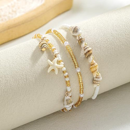 Qceasiy Shell Ankle Bracelets for Women, Boho Beaded Beach Anklet Set | Seashell, Heart, Starfish and Conch Styles, Gold-Tone, Stretch or Adjustable Fit, Layered Beach Vacation Jewelry Gifts - color: White 2