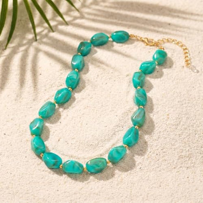 Boho Chunky Beaded Necklace for Women Lightweight Resin Beads for Summer Beach & Vacation Trendy Statement Jewelry Gift for Her - color: Blue green