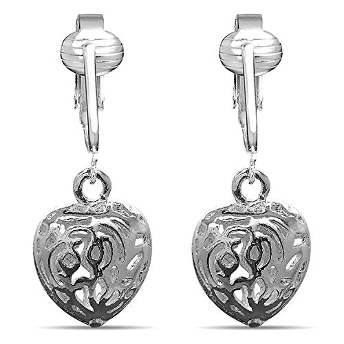 Silver Clip On Earrings For Women, They Look Pierced, Don't Pinch & Won't Fall Off, Hypoallergenic & Lightweight - color: Silver Filigree Hearts