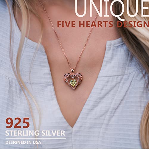 5 Heart I Love You Necklace for Women, Birthstone Crystal Pendant, Birthday Gift for Her, Wife, Mom, Rose Gold or Gunmetal Plated, 925 Sterling Silver Chain 18"+2" - color: 08-August-Peridot Apple Green-Rose Gold Plated