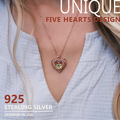 5 Heart I Love You Necklace for Women, Birthstone Crystal Pendant, Birthday Gift for Her, Wife, Mom, Rose Gold or Gunmetal Plated, 925 Sterling Silver Chain 18"+2" - color: 08-August-Peridot Apple Green-Rose Gold Plated