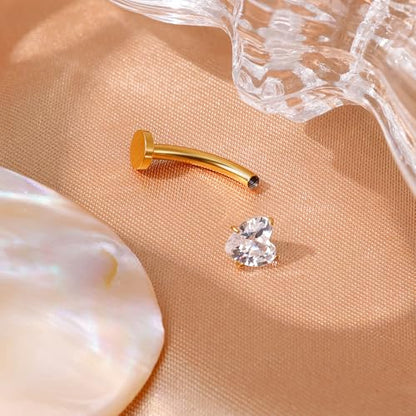 NICEIGHT 14G F136 Pure Titanium Floating Belly Button Rings for Women Petite Flat Back CZ Belly Rings Opal Barbell Heart Curved Navel Ring Internally Threaded Belly Piercing Jewelry 8/10/12/14mm - color: Gold-Heart CZ, size: 12mm (Slightly Longer)