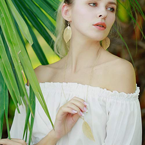 Filigree Long Leaf Pendant Dangle Necklace and Earring Jewelry Set | Beautiful Fashion Delicate Long Leaf Necklace Earrings For Women Trendy Boho - color: A-14K Gold Jewelry Set