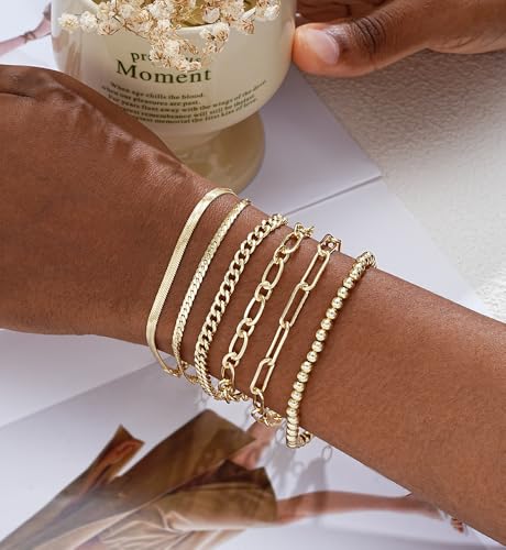 Gold Bracelets Set for Women Trendy, 14K Real Gold Plated Jewelry for Women Dainty Chain Bracelet Stack, Non Tarnish Gold Stackable Bracelets Pack Fashion Accessories Gifts - color: Style1-gold