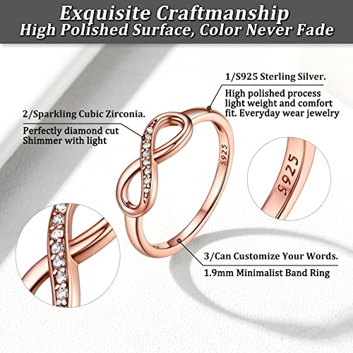 Bestyle Simple S925 Sterling Silver Infinity Rings Cubic Zirconia Rings, Nice Cute BFF Friendship Rings, Dainty Eternity Promise Wedding Bands Perfect Every Day Ring, Size 4-12, Words Engavable - color: 4. Rose Gold Infinity Ring (custom)
