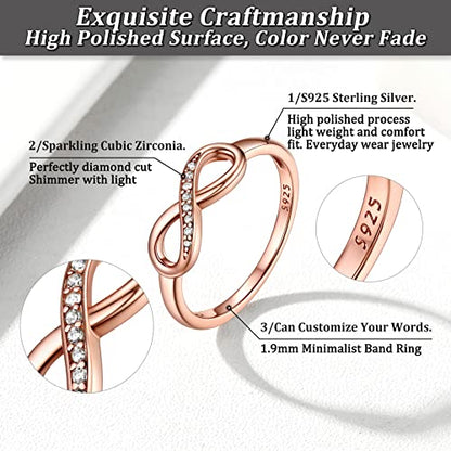 Bestyle Simple S925 Sterling Silver Infinity Rings Cubic Zirconia Rings, Nice Cute BFF Friendship Rings, Dainty Eternity Promise Wedding Bands Perfect Every Day Ring, Size 4-12, Words Engavable - color: 4. Rose Gold Infinity Ring (custom)