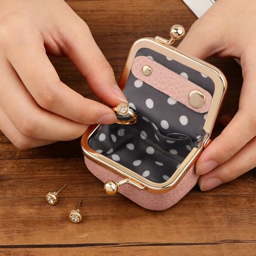 Genuine Leather Small Jewelry Travel Case with Kiss Lock, Portable Travel Jewelry Case Mini Coin Purse for Rings, Earrings, Pendants, Necklaces, Mini Jewelry Box for Girls Women(Pink) - color: Pink