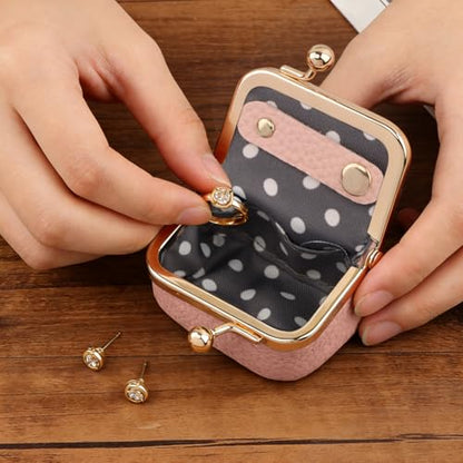 Genuine Leather Small Jewelry Travel Case with Kiss Lock, Portable Travel Jewelry Case Mini Coin Purse for Rings, Earrings, Pendants, Necklaces, Mini Jewelry Box for Girls Women(Pink) - color: Pink