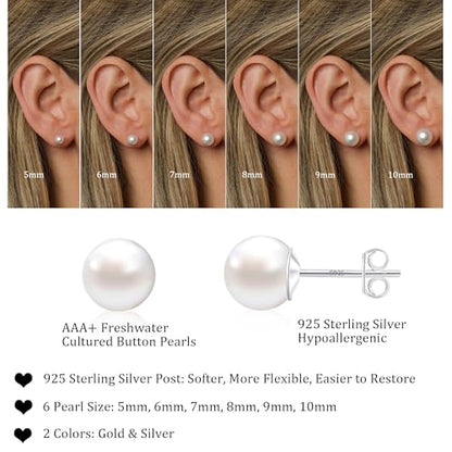 WFYOU Pearl Earrings for Women 925 Sterling Silver Stud Earring | 14K Gold Plated Hypoallergenic Stud Earrings, White Diamond Dainty Bridal Earring, Trendy Jewelry, Wedding Party Gifts - color: Silver A, size: 5mm