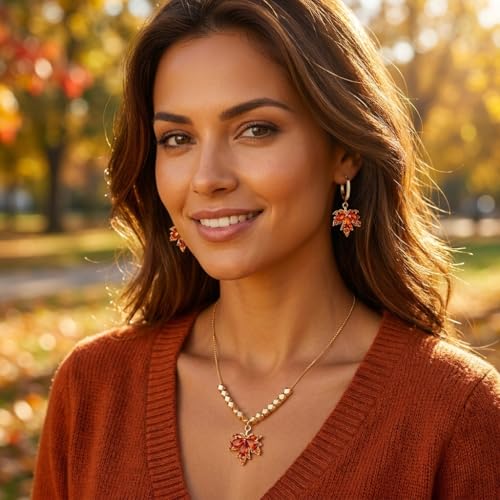 Gold Silver Stud Earrings Pendent Necklace Sets for Women, Dainty Rhinestone Crystal Necklace Earing Jewelry Set Wedding Accessories Fashion Holiday Gift - color: MapleLeaf