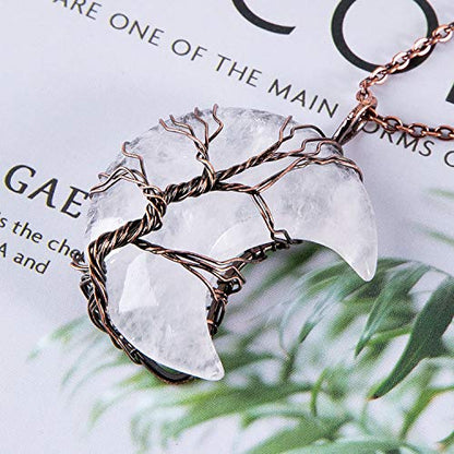 Bivei Life Tree Crescent Moon Necklaces for Women | Copper Wire Wrap Gemstones Pendant Crystals and Natural Stones Necklace Witch Jewellery Christmas Valentine's Day for Friends - color: Clear - Clear Quartz, style: Pack of 1