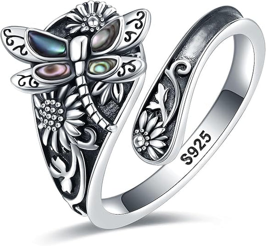 S925-Sterling-Silver Abalone Dragonfly-Turquoise Spoon Ring - Vintage Boho Sunflower Thumb Oxidized Wrap Rings Victorian Style Antique Floral Jewelry Gifts for Women - color: Abalone Spoon Ring 8#9#10#