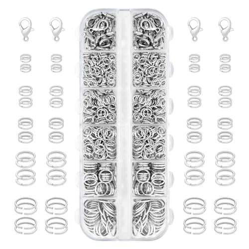 1200pcs Jump Rings for Jewelry Making Supplies, Bracelet Kit, Silver | Necklace Repair Kit for Keychain, Charm Necklace, 5 Different Size Ring & 12mm Lobster Clip - color: 1200Pcs Silver