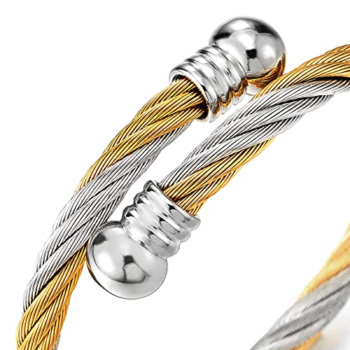 COOLSTEELANDBEYOND Elastic Adjustable Steel Twisted Cable Cuff Bangle Bracelet for Mens for Women - color: L-Metal Color: Gold & Silver