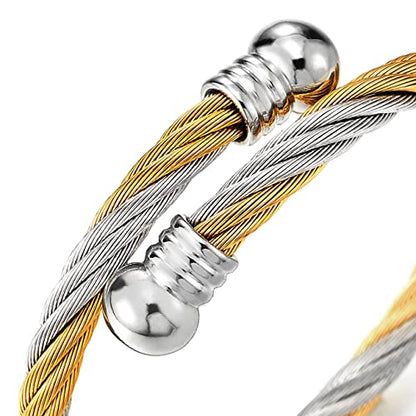 COOLSTEELANDBEYOND Elastic Adjustable Steel Twisted Cable Cuff Bangle Bracelet for Mens for Women - color: L-Metal Color: Gold & Silver