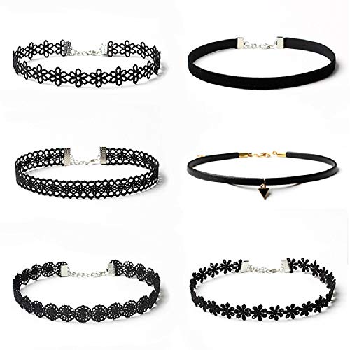 Maxforever 6 PCS Necklaces Black Velvet Choker Set Classic Gothic Tattoo Lace Chokers | 6 Pcs Black Choker Set - Lace Velvet PU Leather, Adjustable Chain, Perfect for Daily Wear, Parties, Gothic Style & Gifting