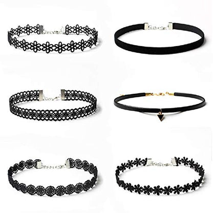 Maxforever 6 PCS Necklaces Black Velvet Choker Set Classic Gothic Tattoo Lace Chokers | 6 Pcs Black Choker Set - Lace Velvet PU Leather, Adjustable Chain, Perfect for Daily Wear, Parties, Gothic Style & Gifting