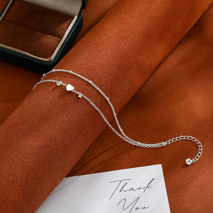 ASCOMY Ankle Bracelets for Women 14K Gold/Silver Plated Anklets for Women Waterproof Layered Cute Beads Dot Shining Twist Rope Chain Pearl Bar Link Heart Anklets Summer Beach Foot Chain Jewelry Gifts - style: CZ Heart Satellite-SL