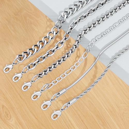 6PCS Stainless Steel Bracelets for Men Women, Silver Gold Black Cuban Link Rope Snake Wheat Chain Paperclip Figaro Jewelry Set, 7/8/9 Inches - color: Silver, size: 7 inches