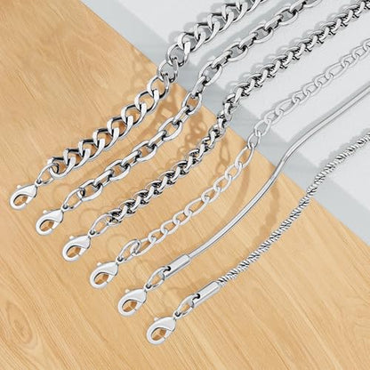 6PCS Stainless Steel Bracelets for Men Women, Silver Gold Black Cuban Link Rope Snake Wheat Chain Paperclip Figaro Jewelry Set, 7/8/9 Inches - color: Silver, size: 8 inches