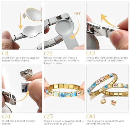 Stainless Steel Italian Charm Bracelet, 18 Link Starter Bracelet 9mm Charms | Italian Charm Bracelet with 9Pcs/20Pcs Charms and Opening Tools, Classic 9mm Modular Charm, Personalized Jewelry Gift - color: Random 20Pcs Gold