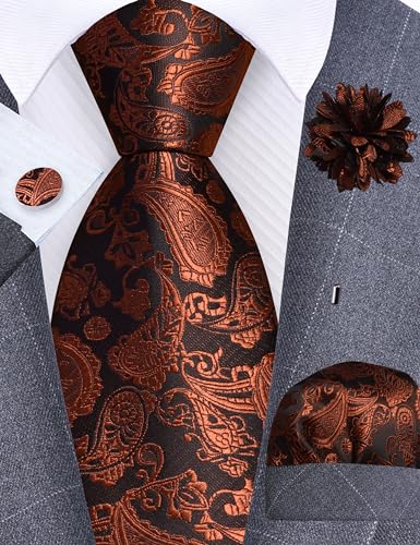 GUSLESON 3.15"（8cm） Mens Paisley Tie and Lapel Pin Necktie Hankerchief Cufflinks Set for Men - color: Rust