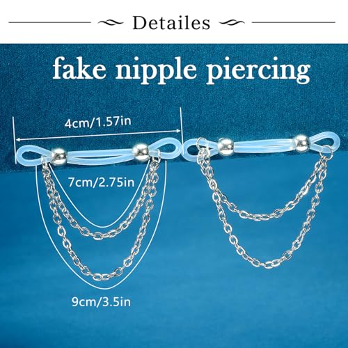 Longita Silver Gold Fake Nipple Rings Non Piercing Nipple Jewelry with Chain Adjustable Elastic Nooses Non Pierced Faux Body Jewelry for Women Men Comfortable Valentine's Day - color: B1- chain - silver