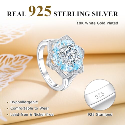 Flower Cocktail Ring for Women Stone Engagement Anniversary Rings | Sterling Silve|Hypoallergenic|Ruby|Sapphire|Emerald|Wedding and Birthday Party Women Statement Ring|Mother and Grandma Gift - color: Aquamarine (Mar.)
