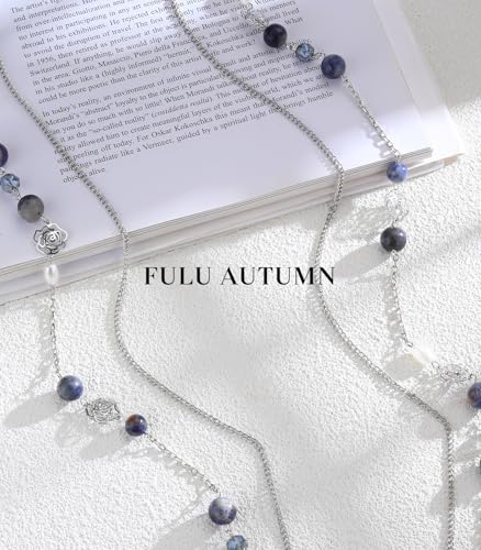 FULU AUTUMN Long Layered Silver Necklaces for Women - Natural Stone and Dainty Flower Beaded Sweater Chain Fashion Jewelry Gifts - color: Blue