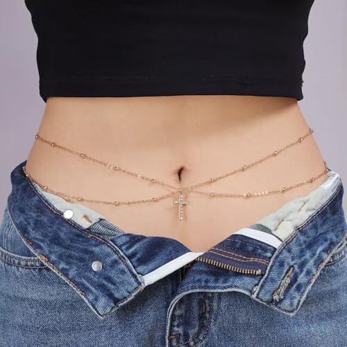 Alloy Waist Chain for Women, Adjustable Body Chain Belt, Layered Bikini Belly Chain, Jewelry for Beach Wear, Summer, Wedding, Festival, Party and Concert - color: Beaded Cross Chain