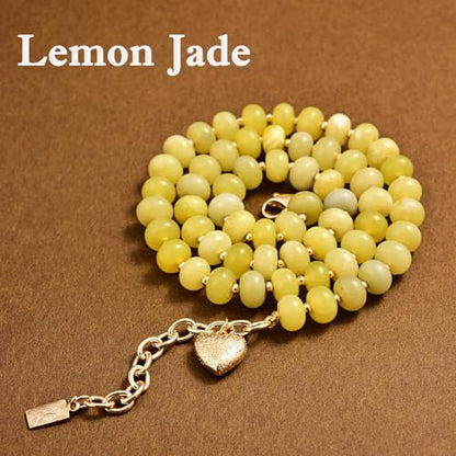 Boho Gemstone Beaded Necklace for Women – Colorful Natural Stone Choker 18K Solid Heart-Shaped Pendant, Summer Beach Jewelry - color: Lemon Jade