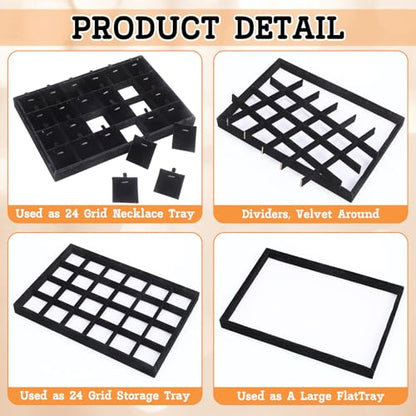 2 Pcs 24 Grid Stackable Jewelry Organizer Tray with Removable Dividers Ice Velvet Jewelry Display Showcase Tray for Necklace Earring Ring Bracelet Holder (Black Velvet) - color: Black Velvet