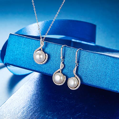 EleQueen 925 Sterling Silver CZ Freshwater Cultured Pearls Bridal Pendant Necklace Earrings Wedding Jewelry Sets, Valentine's Day/Mother's Day/Christmas Gift - style: Bridal Pearl Necklace Earrings