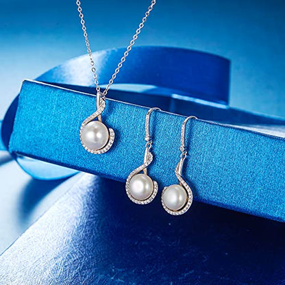 EleQueen 925 Sterling Silver CZ Freshwater Cultured Pearls Bridal Pendant Necklace Earrings Wedding Jewelry Sets, Valentine's Day/Mother's Day/Christmas Gift - style: Bridal Pearl Necklace Earrings
