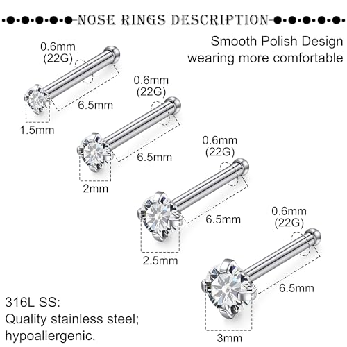 18G 20G 22G Titanium Stainless Surgical Steel Nose Rings Studs for Women L Shaped Nose Studs Screw Nose Ring Piercing Jewelry for Women Men Diamond CZ 1.5mm 2mm 2.5mm 3mm Silver Black Gold - style: 22g/Clear CZ/Straight/Silver