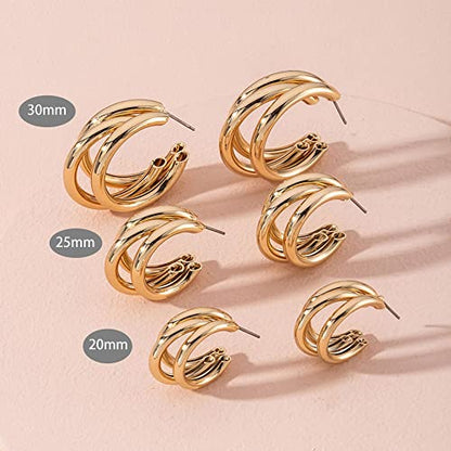 Chunky Gold Hoop Earrings for Women 14k Gold Plated Thick Triple Earrings | Hypoallergenic Trendy Chunky Gold Hoops Earrings,Dainty Jewelry Gifts for Women - style: 30MM/tripe hoop earrings