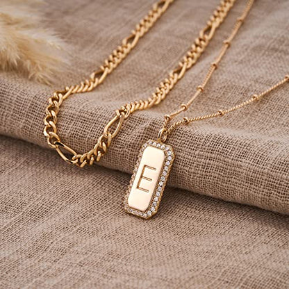 Gold Initial Necklace for Women 14K Gold Plated Figaro Chain Choker Layered Necklaces Set Bar Rectangle Pendant Necklaces Simple Dainty Letter Necklace Everyday Gold Jewelry - style: Letter E