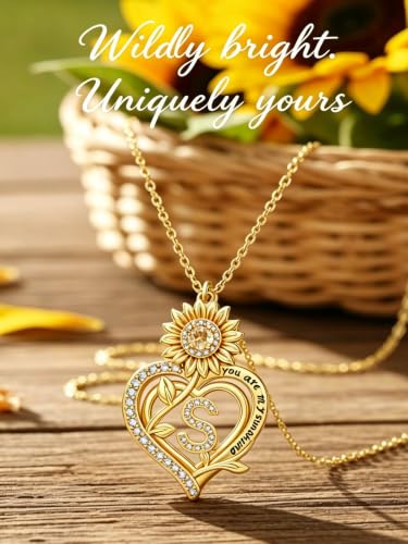 14K Gold Sunflower Initial Necklaces for Women | Heart Letter Pendant You Are My Sunshine Jewelry Gifts - style: S