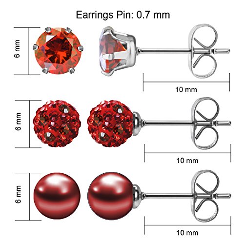 JewelrieShop Birthstone Studs Earring Set Cubic Zirconia Rhinestones Crystal Ball Faux Pearl Stainless Steel Stud Earrings for Women Jewelry Gift (6mm Round,3 Pairs) - color: 1) Jan. - Deep Red