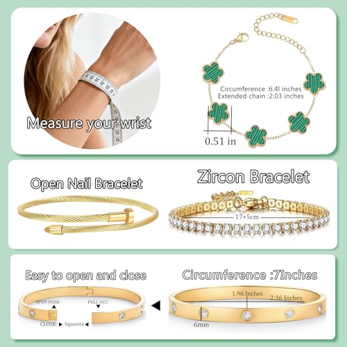 Gold Bracelets for Women, 18K Gold Plated Women Tennis Bracelets Clover Nail Love Bangle Bracelet Set, Gold Bracelet Stackable Set Trendy Jewelry, Gifts for Women's Day and Mother's Day - color: 07-Color-green