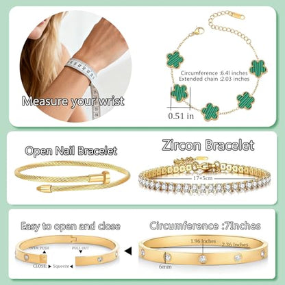 Gold Bracelets for Women, 18K Gold Plated Women Tennis Bracelets Clover Nail Love Bangle Bracelet Set, Gold Bracelet Stackable Set Trendy Jewelry, Gifts for Women's Day and Mother's Day - color: 07-Color-green