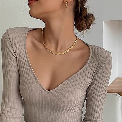 Tewiky Layered Necklaces for Women 14k Gold Plated Chain Necklace Set | Chunky Herringbone/Snake/Rope/Box/Cuban Link Chain for Women, Layering Stack Choker Necklace, Dainty Jewelry Set Non Tarnish - color: Twisted Herringbone 2x3mm 16.5inch Gold