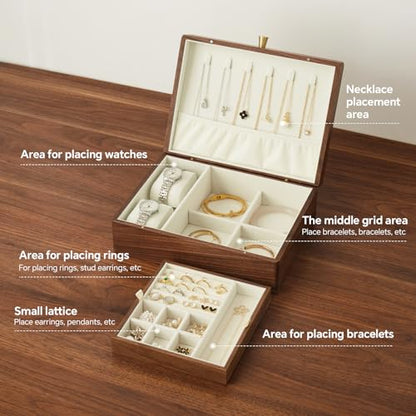 Black Walnut Wood Jewelry Box, No Lock | Velvet Lining, Personalized Ring and Necklace Box, For Women and Girls, Brass Handle - style: Vintage