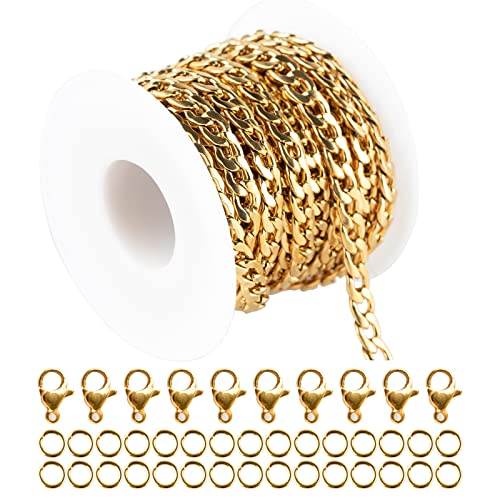 16.4 Feet Stainless Steel Gold Cuban Chains 5mm Twisted Links Chain Spool Necklace Chain Bulk with Open Jump Rings Lobster Clasps for Women DLY Bracelet Jewelry Making - color: Gold Twist _7.5x5mm