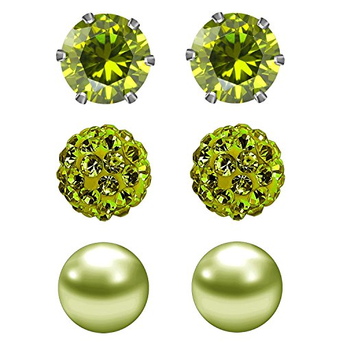 JewelrieShop Birthstone Studs Earring Set Cubic Zirconia Rhinestones Crystal Ball Faux Pearl Stainless Steel Stud Earrings for Women Jewelry Gift (6mm Round,3 Pairs) - color: 8) Aug. - Deep Olive