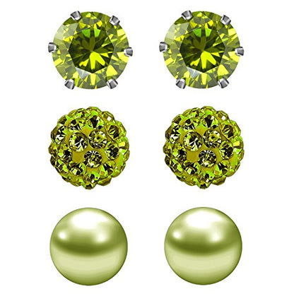 JewelrieShop Birthstone Studs Earring Set Cubic Zirconia Rhinestones Crystal Ball Faux Pearl Stainless Steel Stud Earrings for Women Jewelry Gift (6mm Round,3 Pairs) - color: 8) Aug. - Deep Olive